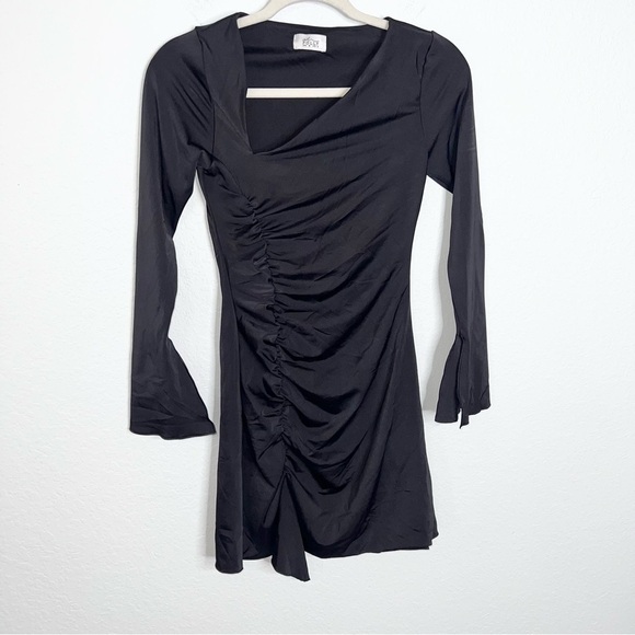 Oh Polly Dress Women’s 2 Rea Long Sleeve Asymmetric Mini black Ruched B27 - Picture 4 of 11